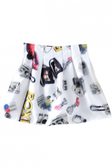White 3D Letters Print Short A-line Skirt