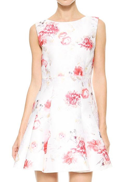 White Background Pink Dreamy Flower Print Sleeveless A-line Dress