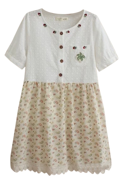 White&Beige Panel Short Sleeve Apple Embroidered Flora Print Dress