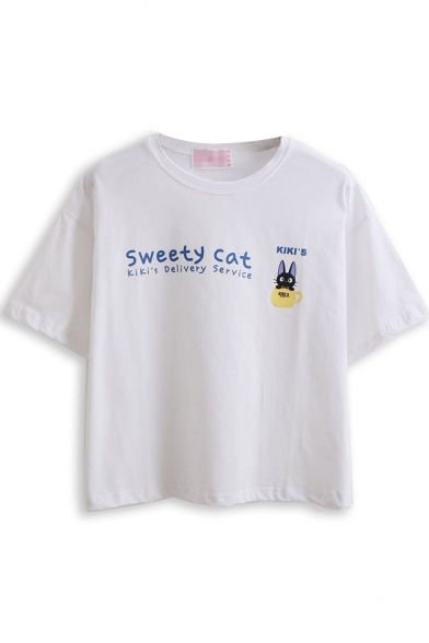 White Cat Letter Print Short Sleeve T-Shirt