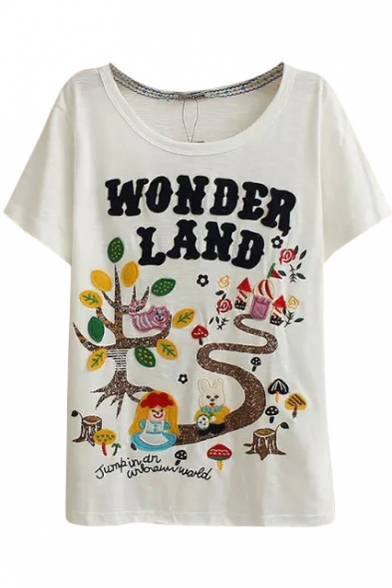 White Forest&Little Girl Appliques T-Shirt