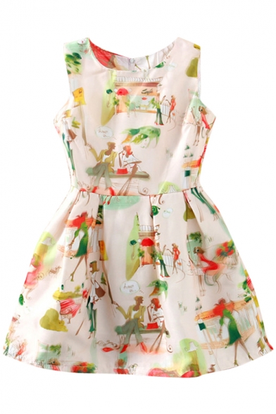 Apricot Background Couple Print Fit&Flare Sleeveless Dress