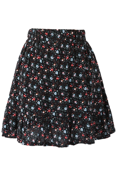 Black Background All Over Cute Flora Elastic Waist Short Skirt