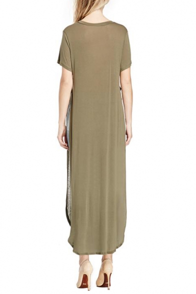 Cool Style V-Neck Short Sleeve Sheer Longline Side Split Dress ...