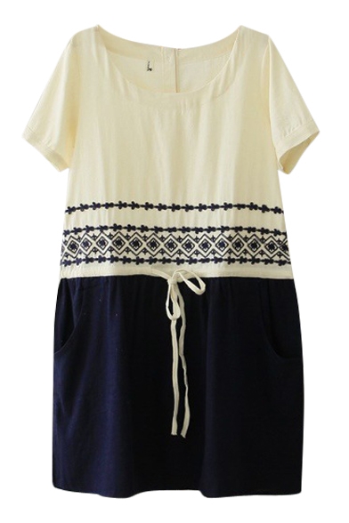 Cream&Dark Blue Block Ethnic Geometry Embroidered Short Sleeve Shift Dress