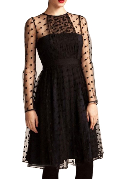Elegant Style Polka Dot Pattern Sheer Panel&Cover High Waist Black Dress