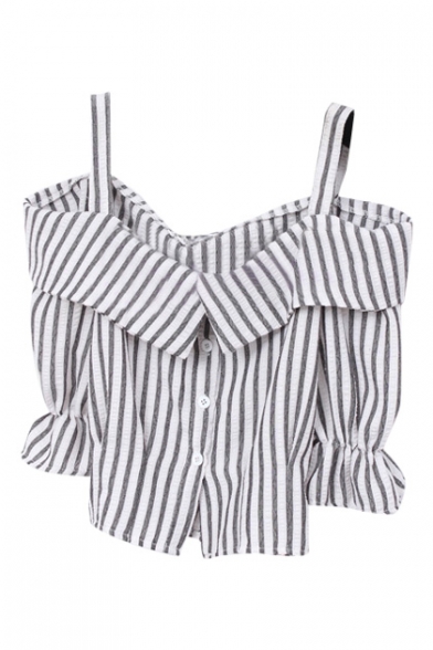 Gray Off-the-Shoulder Stripe Button Fly Ruffle Cuff Crop Blouse