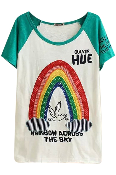 Green Short Sleeve Rainbow&Bird&Letters Embroidered T-Shirt