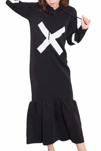 Letter Print Long Sleeve Hooded Maxi Dress with Ruffle Hem