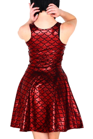 Red Mermaid Scale Print Shining A-line Tank Dress