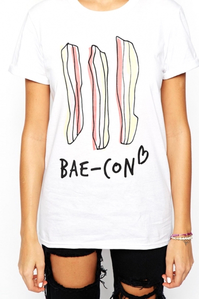White Short Sleeve Bae-Con Print Fitted T-Shirt