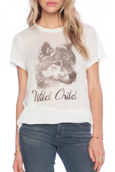 White Wolf Letter Print Loose Short Sleeve Tee