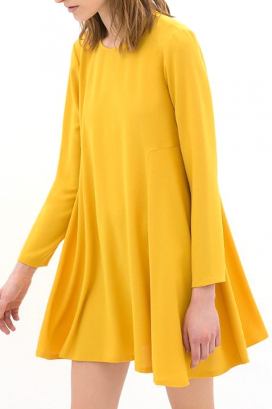 Yellow Long Sleeve Round Neck Smock Dress