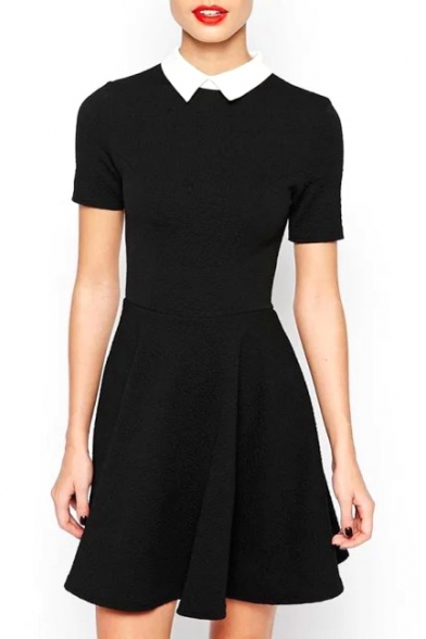 Black Lapel Short Sleeve Pleated Dress