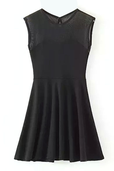 Black Sleeveless Mesh Panel A-line Skater Dress