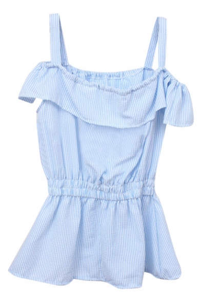 Blue Vertical Stripe Ruffle Layer Off-the-Shoulder Straps Blouse