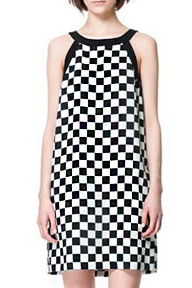 Contrast Color Trim Round Neck Sleeveless Mono Checker Pattern Print Midi Column Dress