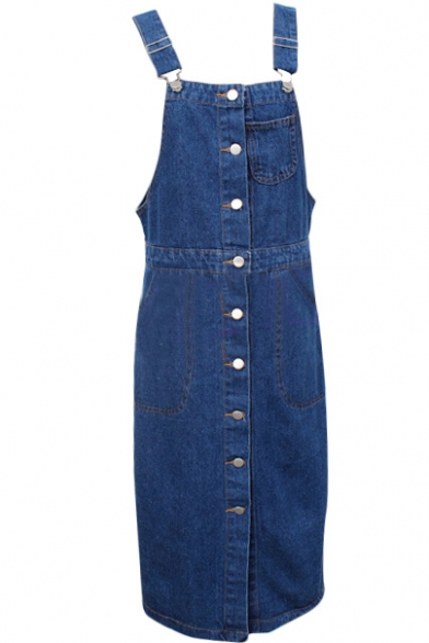 Dark Blue Button Fly Denim Overall Style Dress with Single Pocket