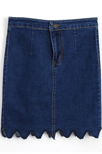 Dark Blue Curve Hem Vintage Bodycon Denim Skirt