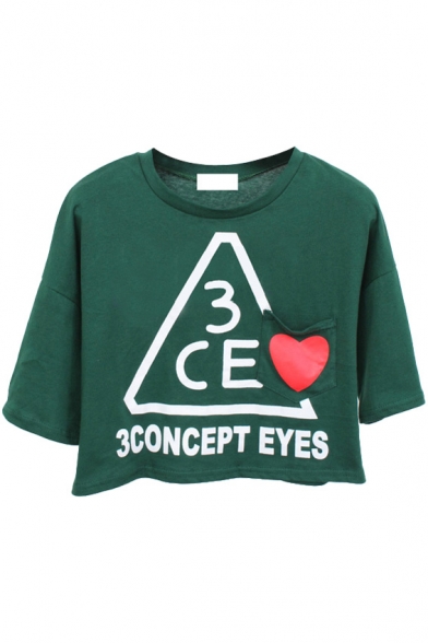 Dark Green 3CE Heart Print Crop T-Shirt