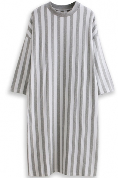 Gray Striped Round Neck Short Sleeve Midi Dress