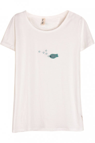 Green Fish Appliques White Short Sleeve T-Shirt