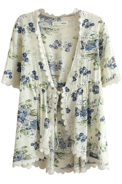 Green Flora Print Short Sleeve Lace Trim Kimono