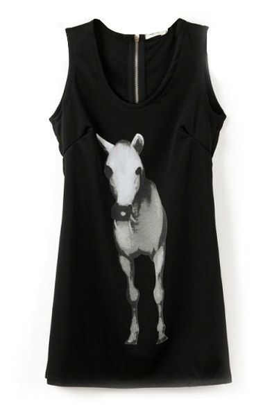 Horse Print Black Round Neck Zip Back Sleeveless Tank Dress