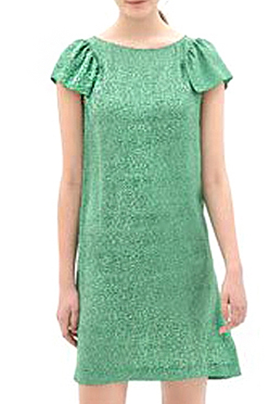 Petal Short Sleeve Green White Tiny Dot Print Midi Column Dress