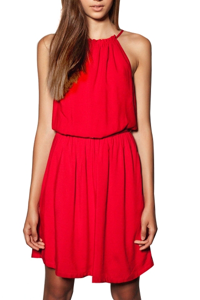 Red Halter Sleeveless Pleated Dress