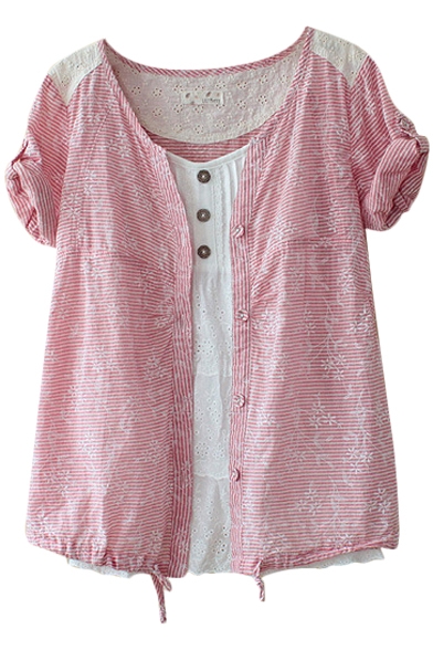 Red Stripe Button Embellish Lace Insert Roll Cuff Blouse