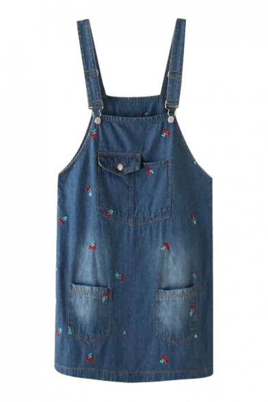 All Over Cherry Embroidered Pockets Denim Overall Dress