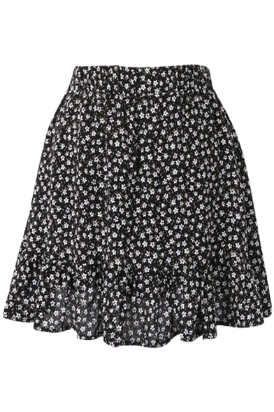 Black Background All Over White Flora Elastic Waist Short Skirt