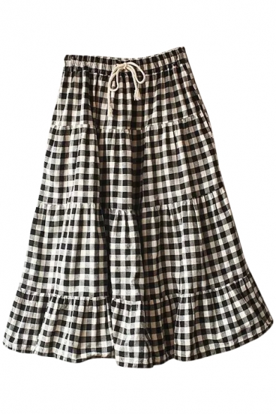 Black Gingham Mori Girl Style A-line Midi Skirt