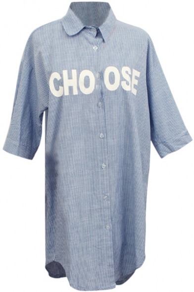 Blue&White Stripe Letters Short Sleeve Longline Shirt