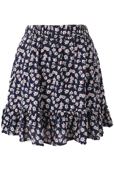 Dark Blue Background Fresh Flora Elastic Waist Short Skirt