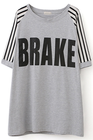 Gray 1/2 Sleeve Stripe&Brake Print Loose T-Shirt