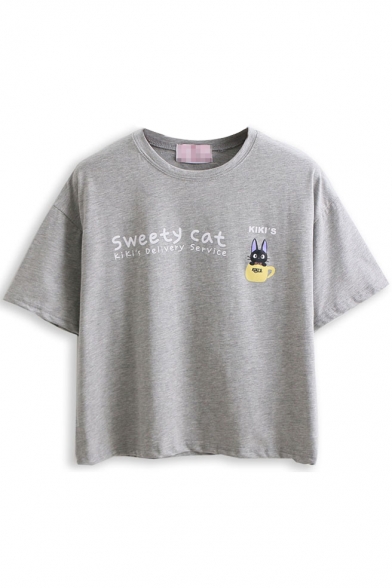 Gray Cat Letter Print Short Sleeve T-Shirt