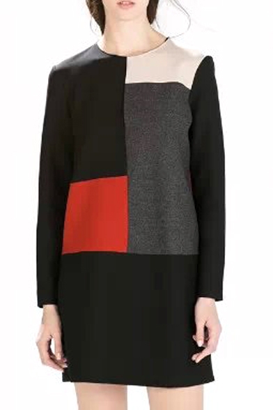 Long Sleeve Round Neck Office Lady Style Color Block Wool Dress