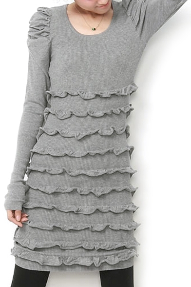 Plain Gray Round Neck Long Sleeve Dress with Ruffle Details