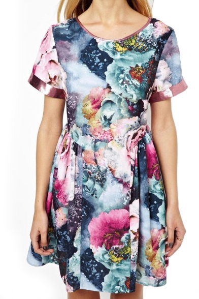 Short Sleeve Ombre Color Ink Flower Painting Dress