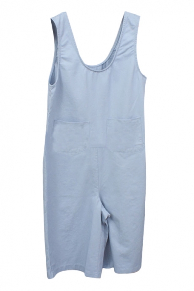 Sky Blue Simple Double Pockets Front Sleeveless Rompers