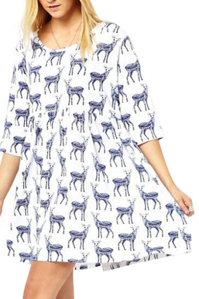 White 1/2 Sleeve All Over Deer Print Swing Dress
