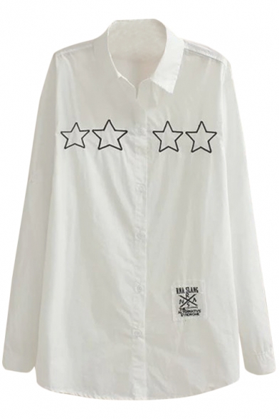 White Long Sleeve Star&Symbol Embroidered Midi Shirt