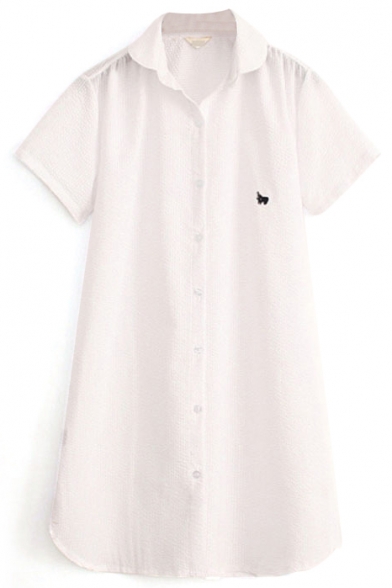 White Short Sleeve Elephant Embroidered A-line Shirt Dress