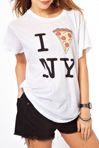 White Short Sleeve Pizza Letter Print T-Shirt