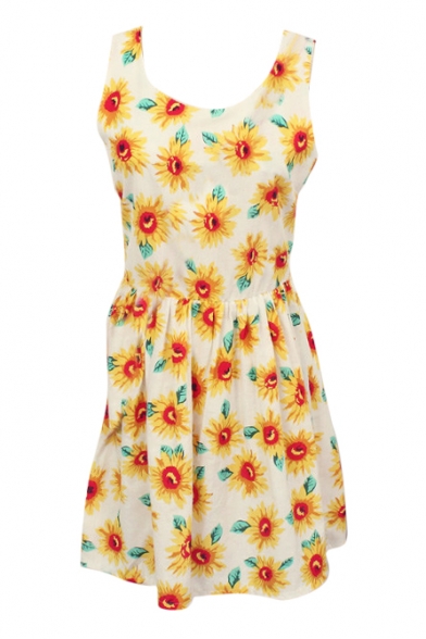 All Over Sunflower Print A-line Tanks Dress - Beautifulhalo.com