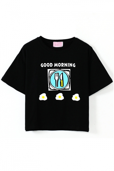 Black Short Sleeve Omelette Breakfast Crop T-Shirt