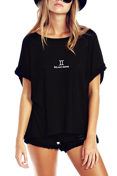 Black Short Sleeve Roll Cuff Gemini T-Shirt