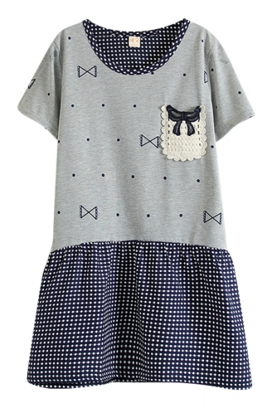 Gray Short Sleeve Crocheted Pocket Dot&Bow Print Dress